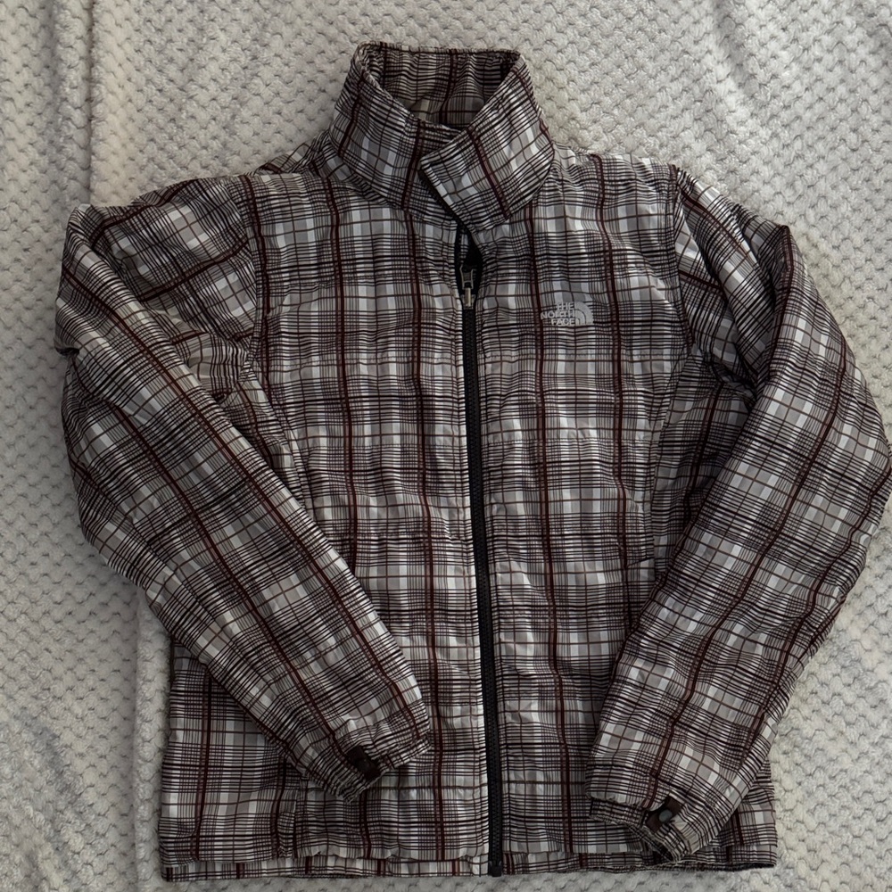 The North Face Women's Checkered Puffer Jacket - Brown and Gray
